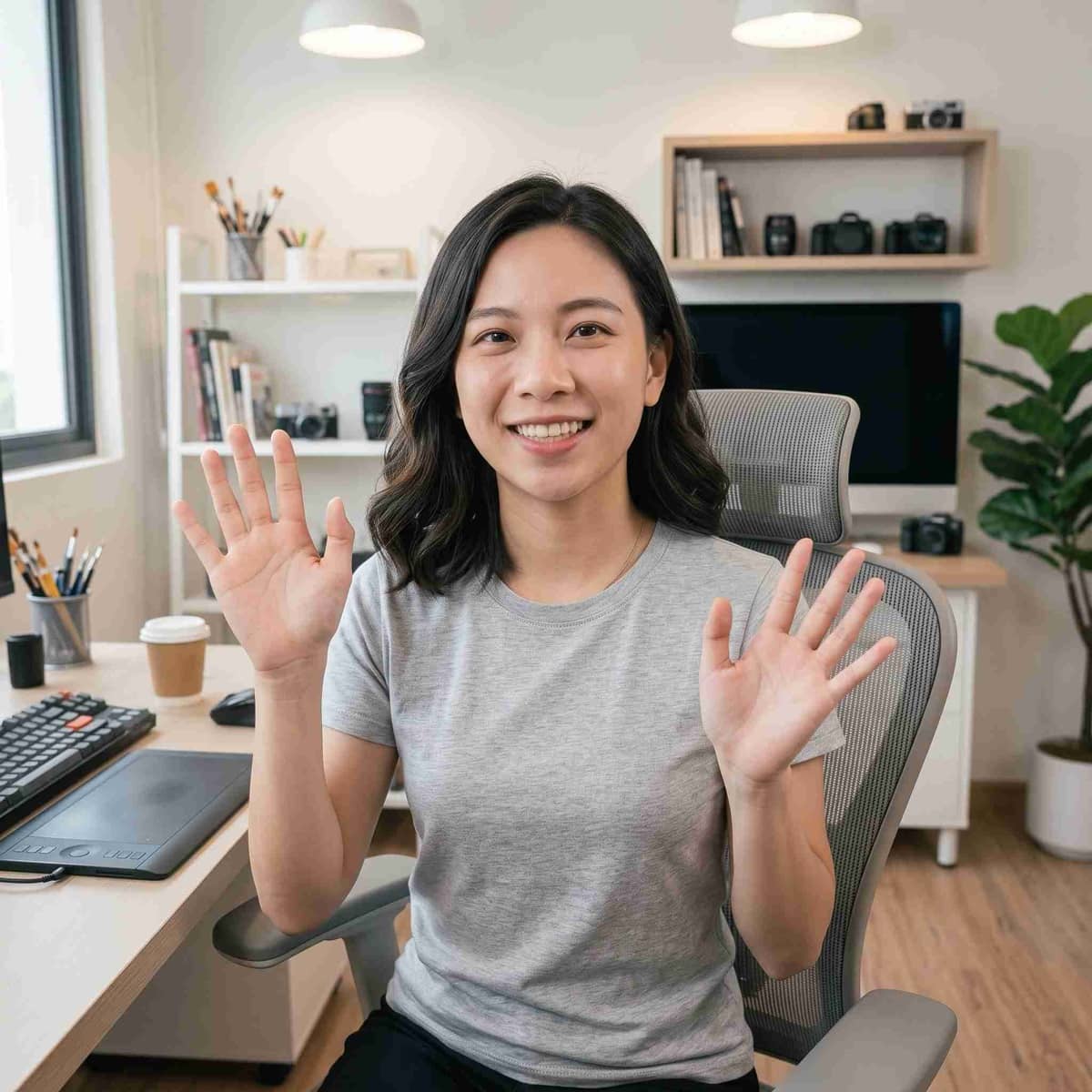 Creator waving hello to her camera from a home studio