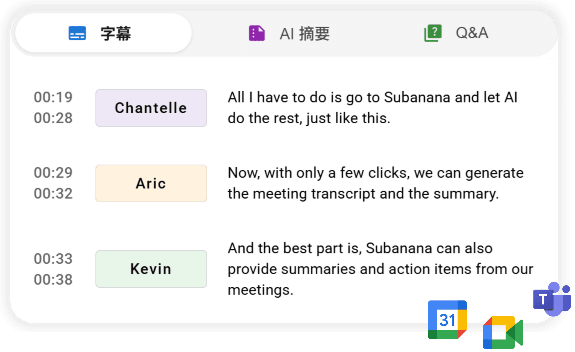 Subanana AI meeting transcription showing automatic minutes, summaries, and action items